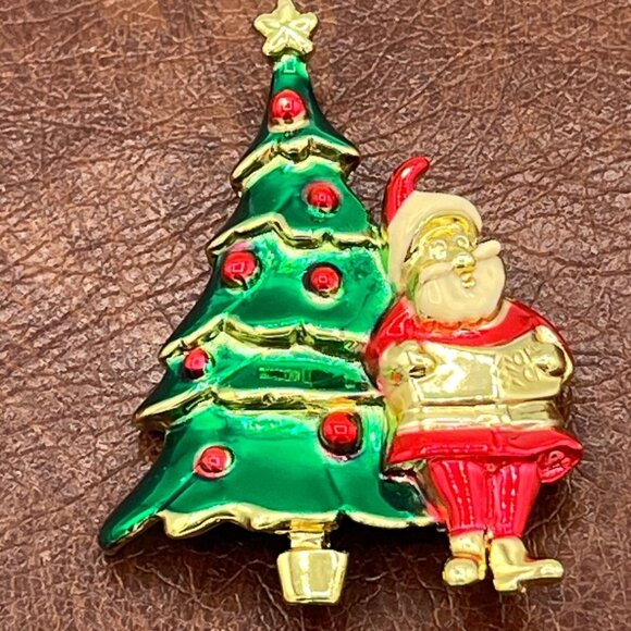 Vintage AJC Santa and Christmas Tree Enamel Pin Brooch Festive Holiday Gift 2" - Picture 3 of 8